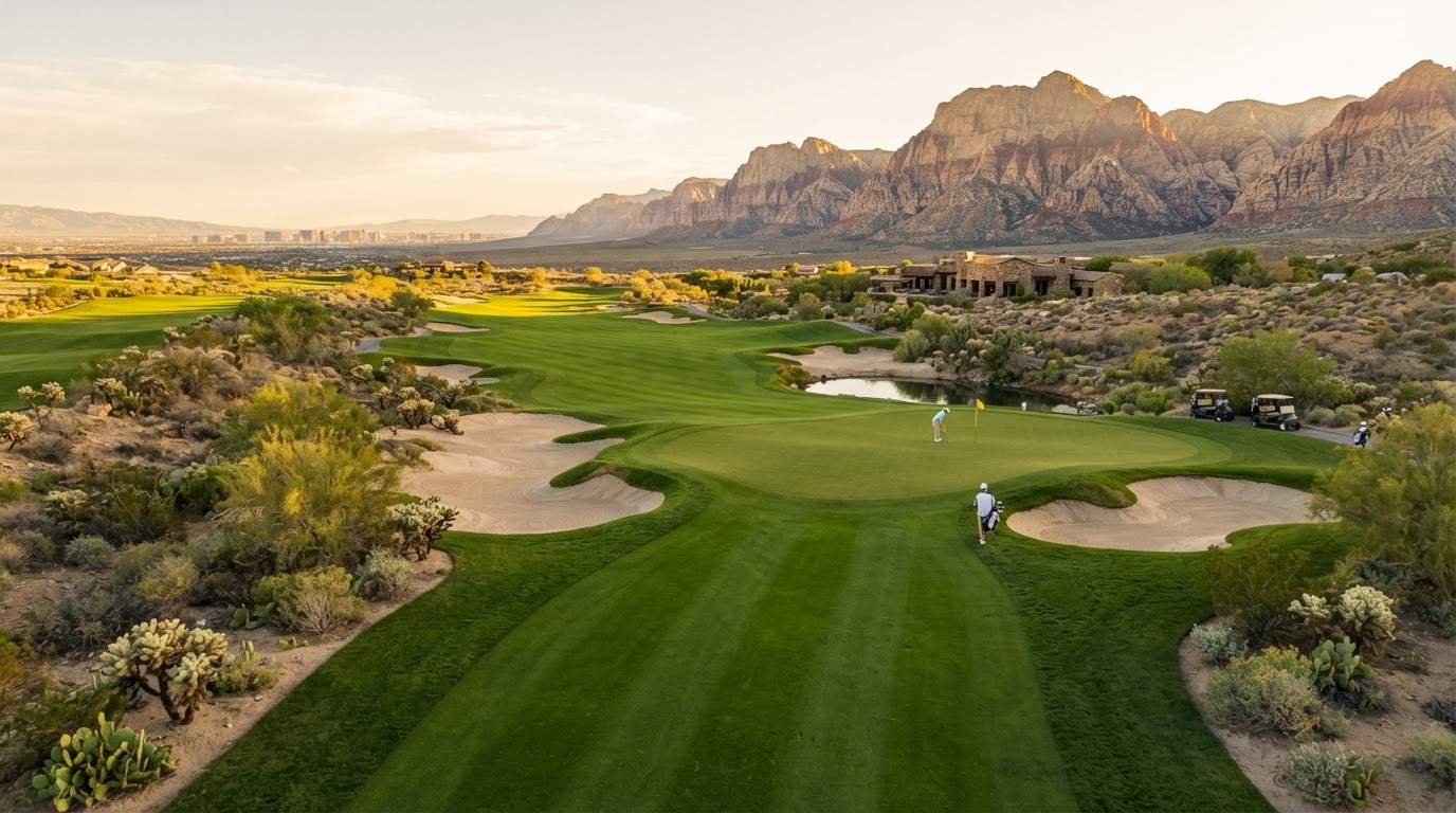 Las Vegas area desert golf course with fairway and mountain backdrop