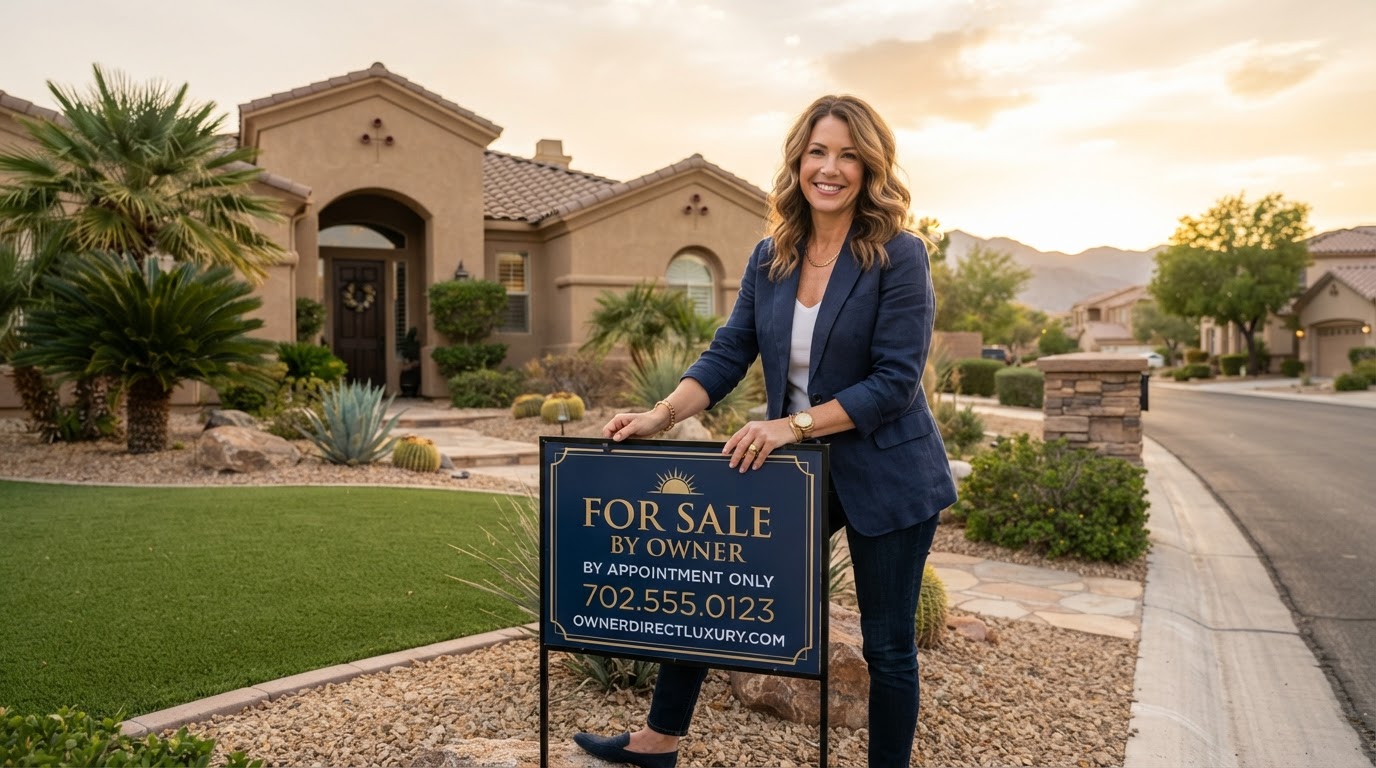 Las Vegas homeowner placing a For Sale By Owner sign in front of a Southwest-style home