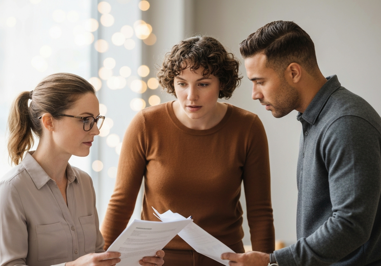 Adult siblings and financial planner reviewing care costs and funding strategy
