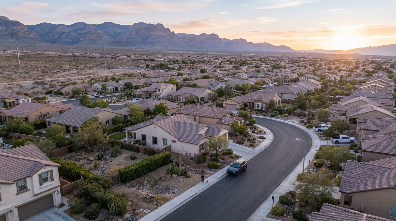 Aerial view of a Las Vegas Nevada neighborhood at dawn with rows of single-family homes and desert landscaping