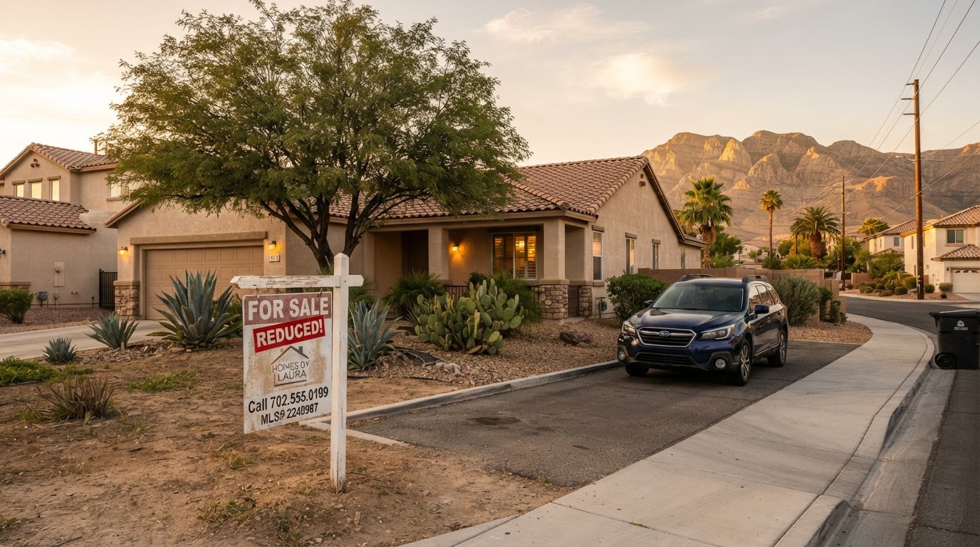 A Las Vegas suburban street at golden hour with a weathered For Sale sign in the front yard of a Southwest-style stucco home that has been sitting on the market
