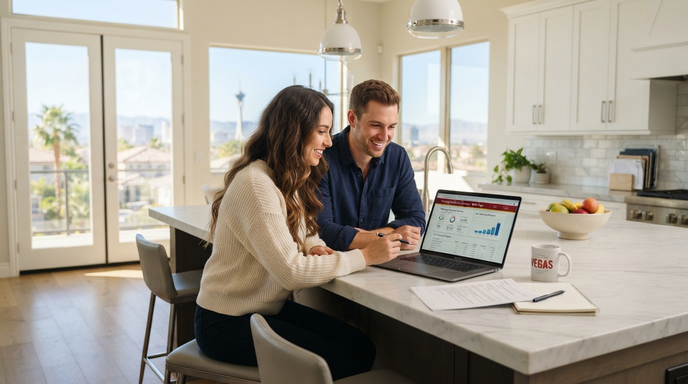 Young couple reviewing mortgage documents at a bright kitchen table in a Las Vegas home