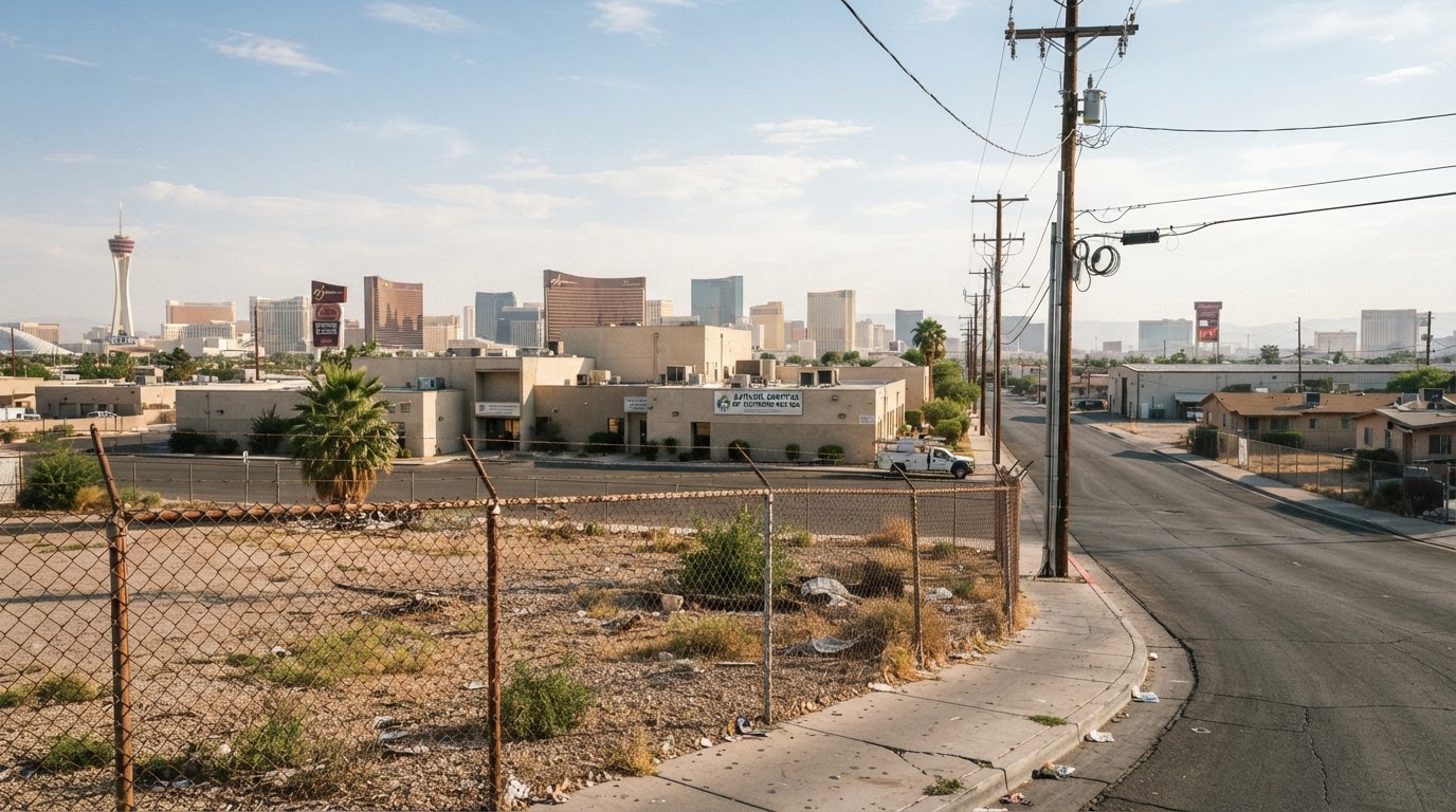 The Foremaster Lane area in Las Vegas showing the urban landscape with social services infrastructure, chain-link fencing, and desert landscaping with the Las Vegas skyline in the far background