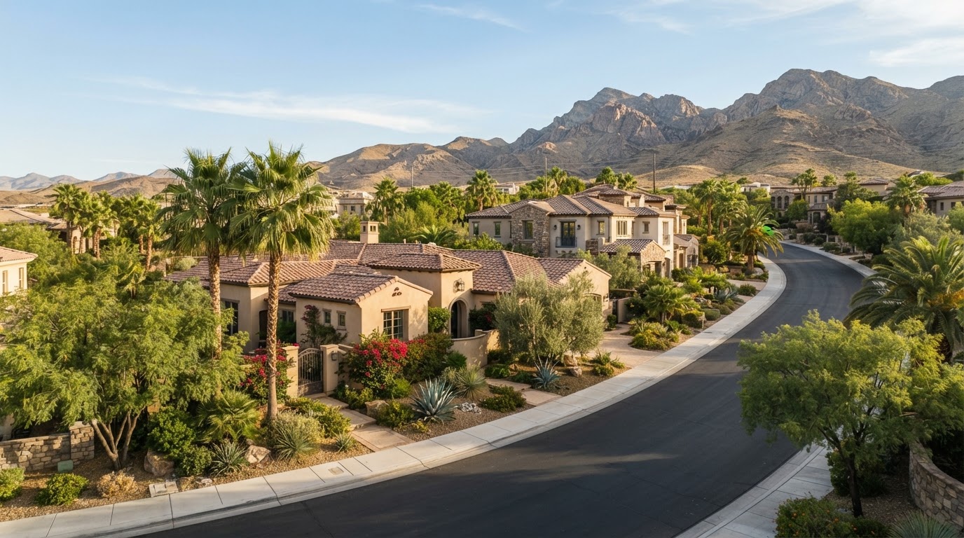 Illustrative Henderson residential community and desert foothill environment