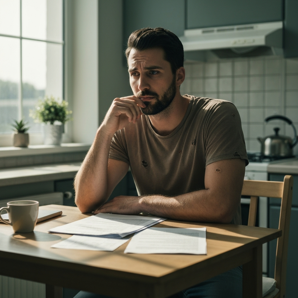 Homeowner reviewing mortgage documents and discussing options.