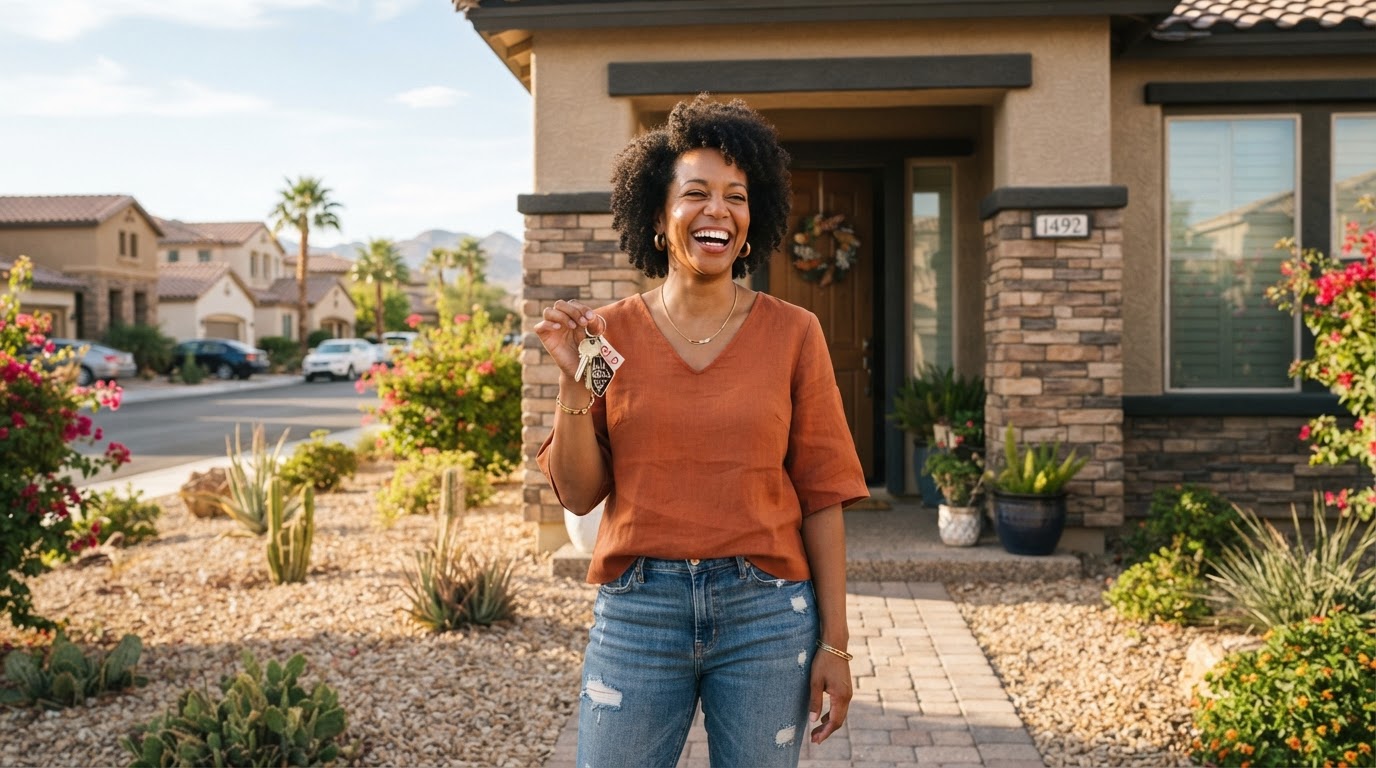 An African American woman in her 30s standing confidently in front of a Las Vegas home she just purchased, holding keys, natural warm Nevada daylight