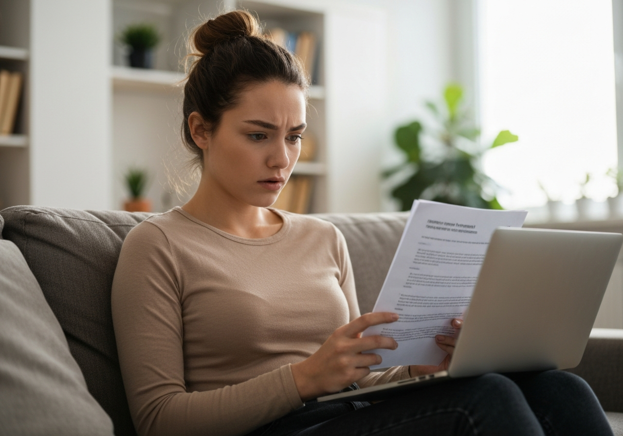 Adult child on video call reviewing home documents, concerned and responsible