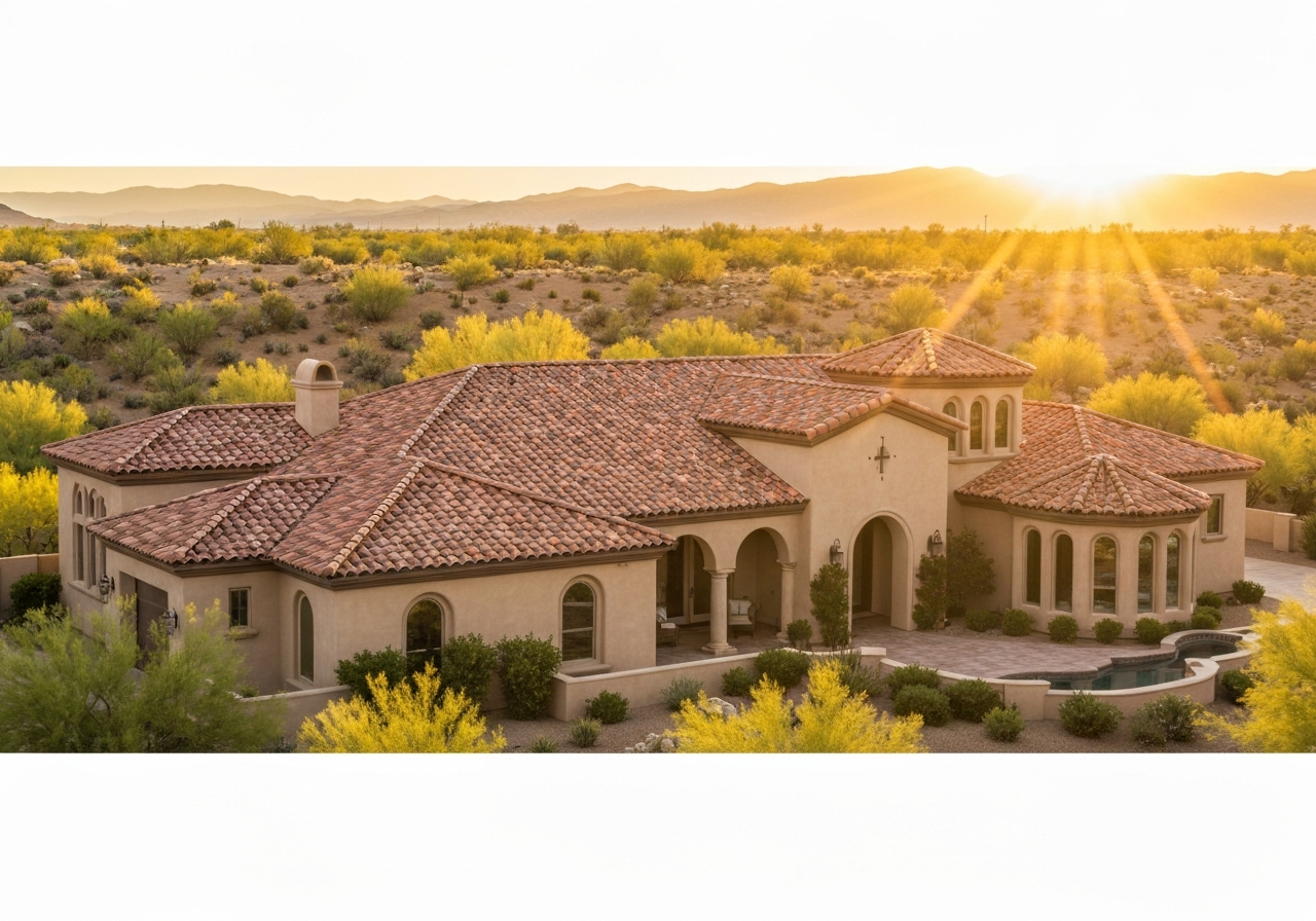 Luxury Mediterranean estate home in Siena Summerlin Las Vegas with tile roof and desert landscaping