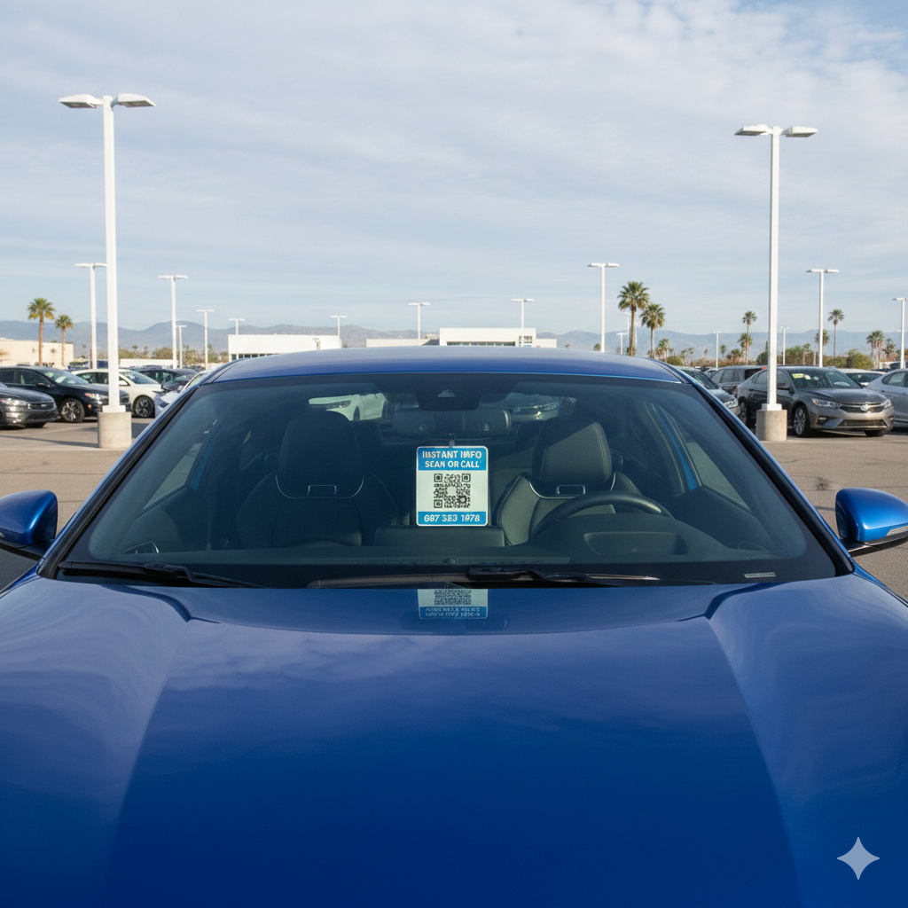 Auto dealer window sticker with QR code connected to a 247 Instant Info Agent by Jerzoda LLC, We Make Signs Talk