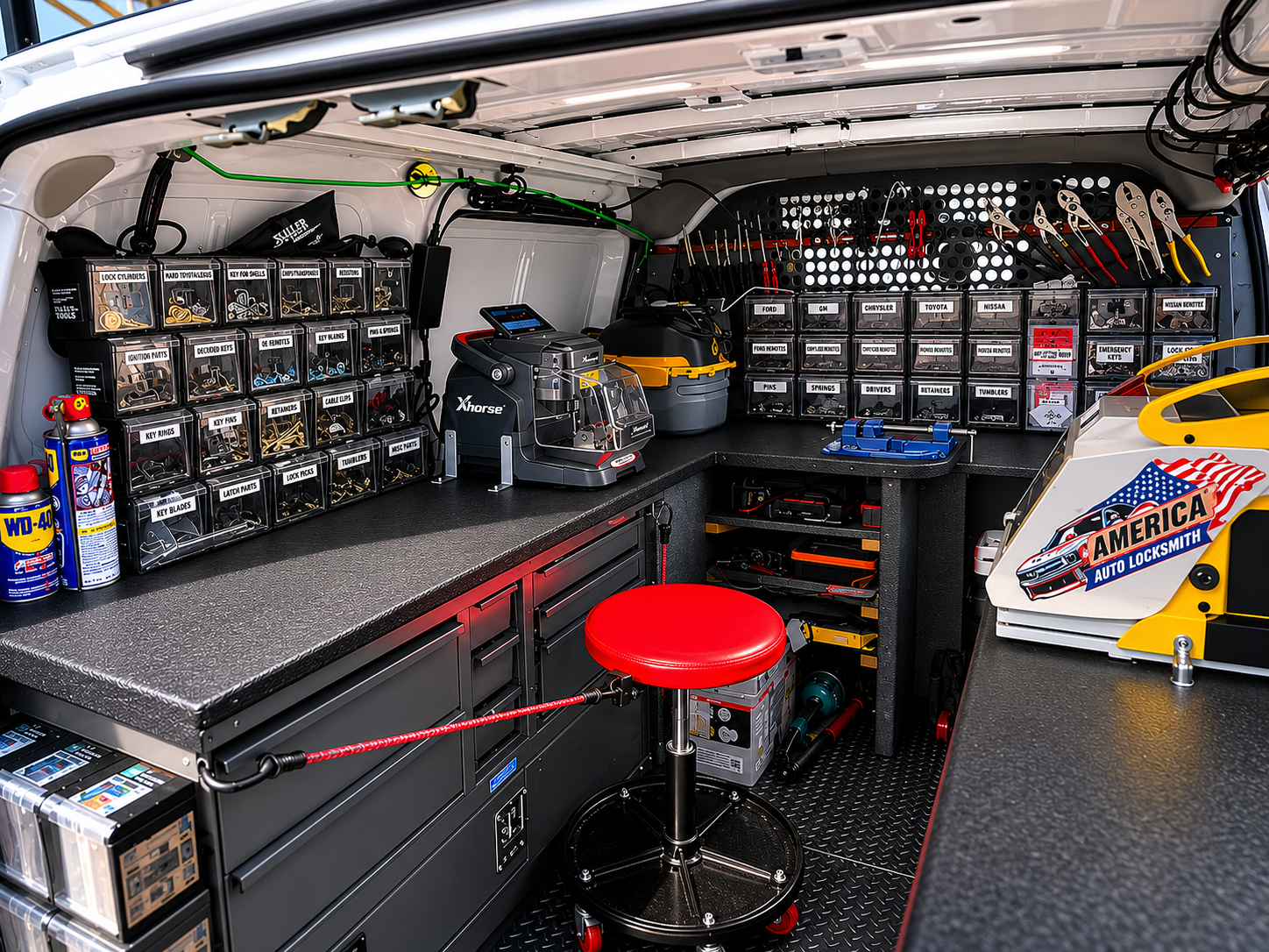 Fully equipped mobile automotive locksmith van interior