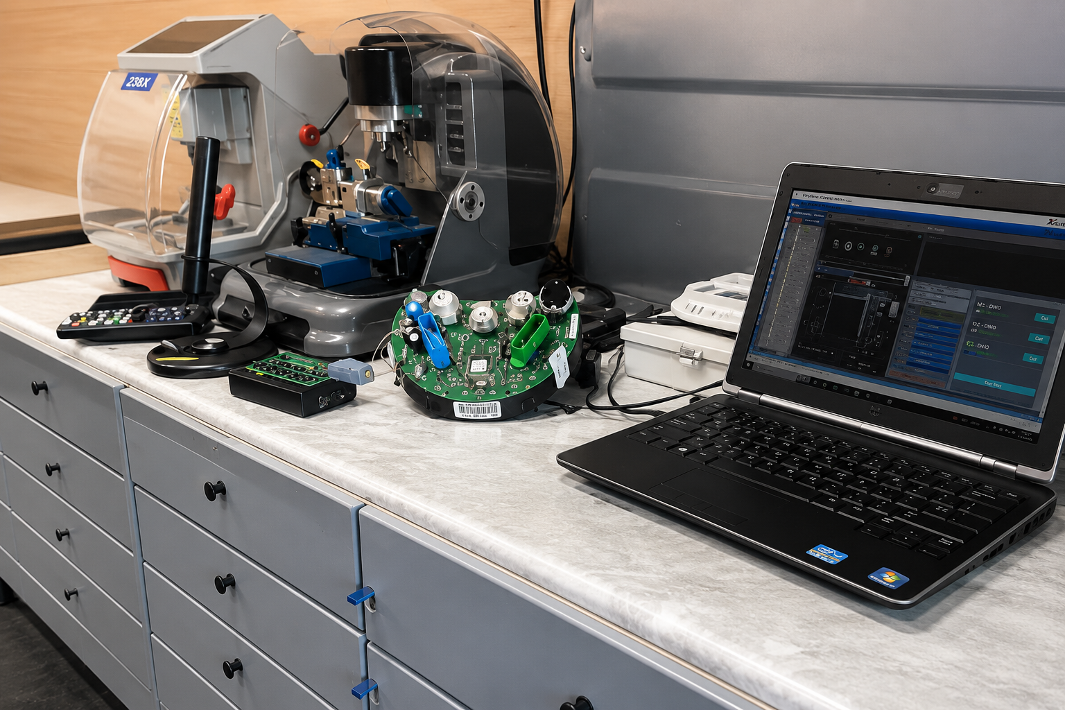 Locksmith key cutting machine and programming laptop