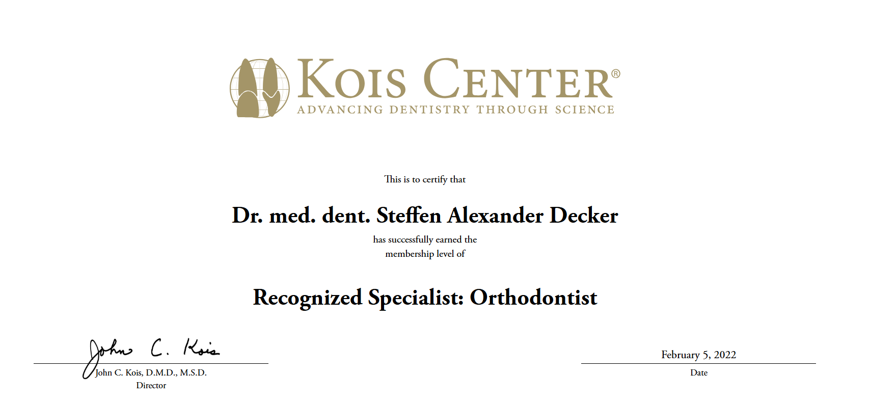 Kois Center Recognised Specialist Certificate