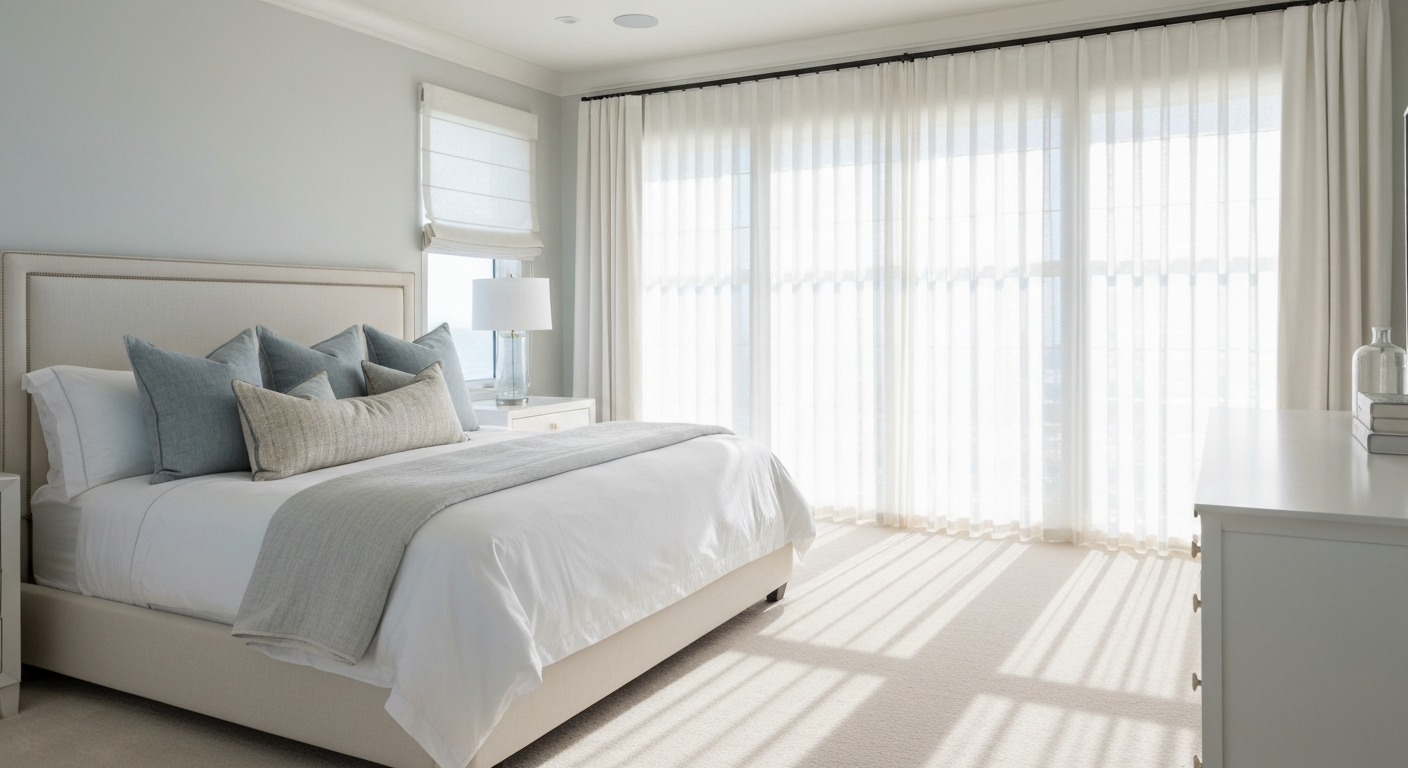 Bright Florida room with custom window treatments