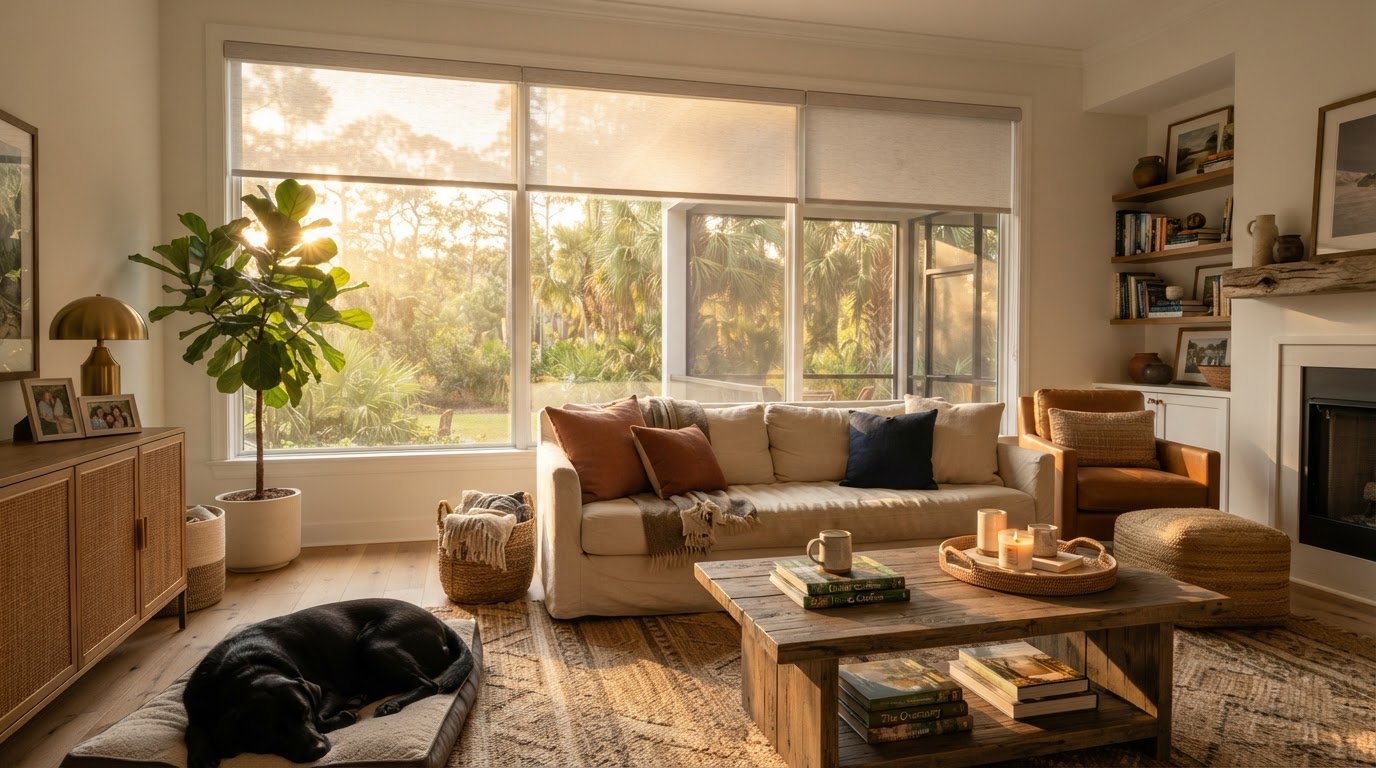 Motorized shades controlling afternoon sun in a Jacksonville living room