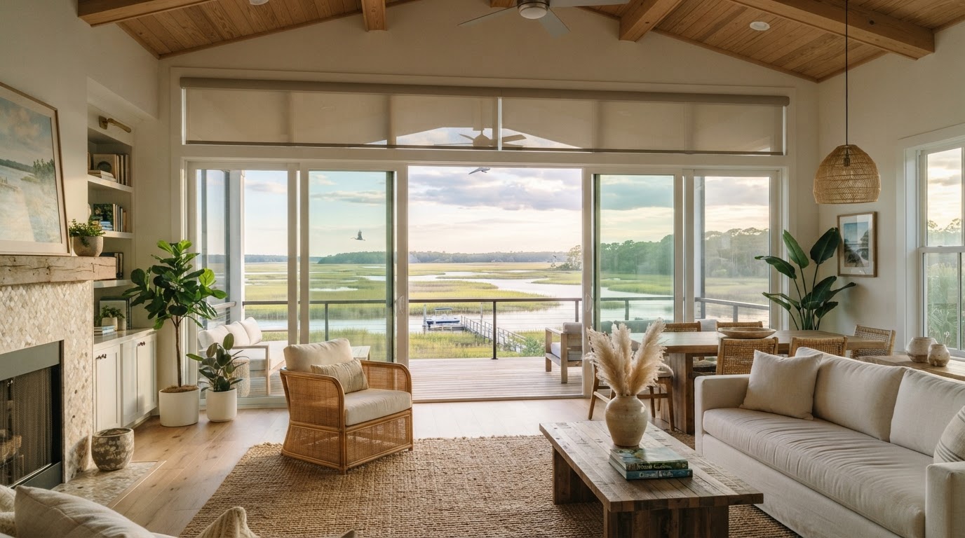 Motorized shades preserving a waterfront view in a Northeast Florida home