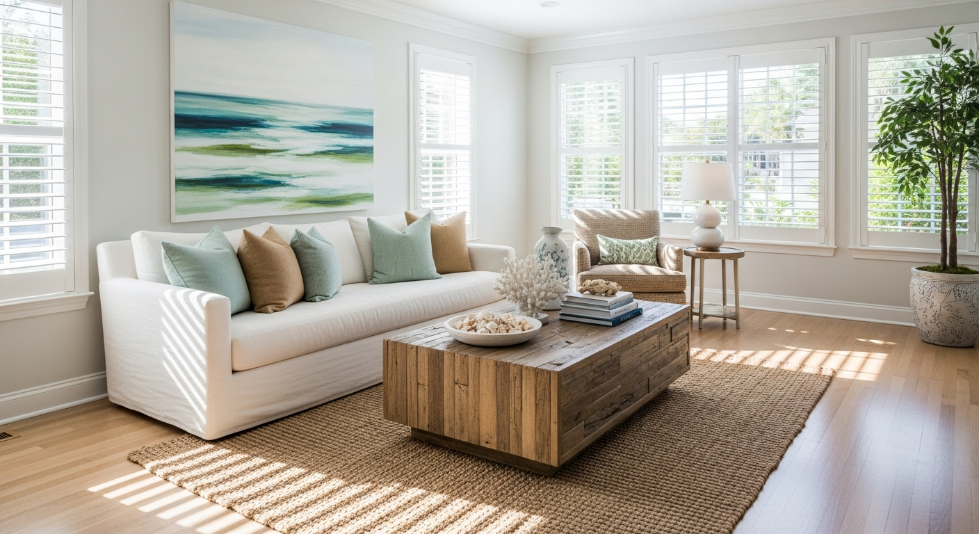 Modern coastal living room in Jacksonville with beautiful white plantation shutters