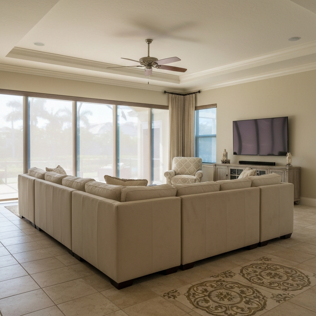 Bright comfortable living room with window treatments controlling heat