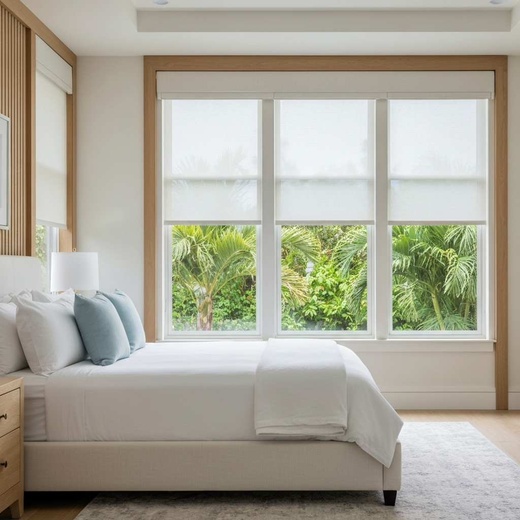 Bright comfortable living room with privacy window treatments