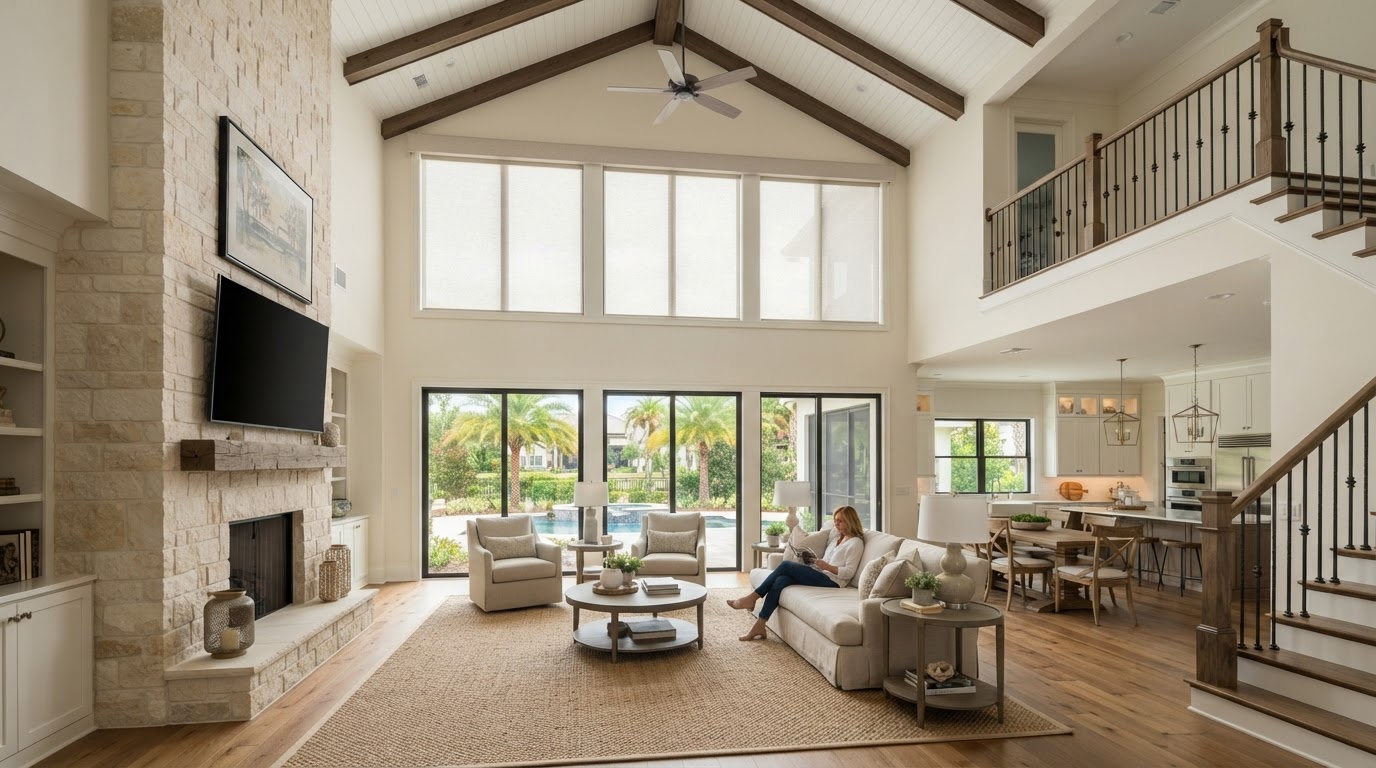 Motorized shades on hard-to-reach windows in a two-story Jacksonville home