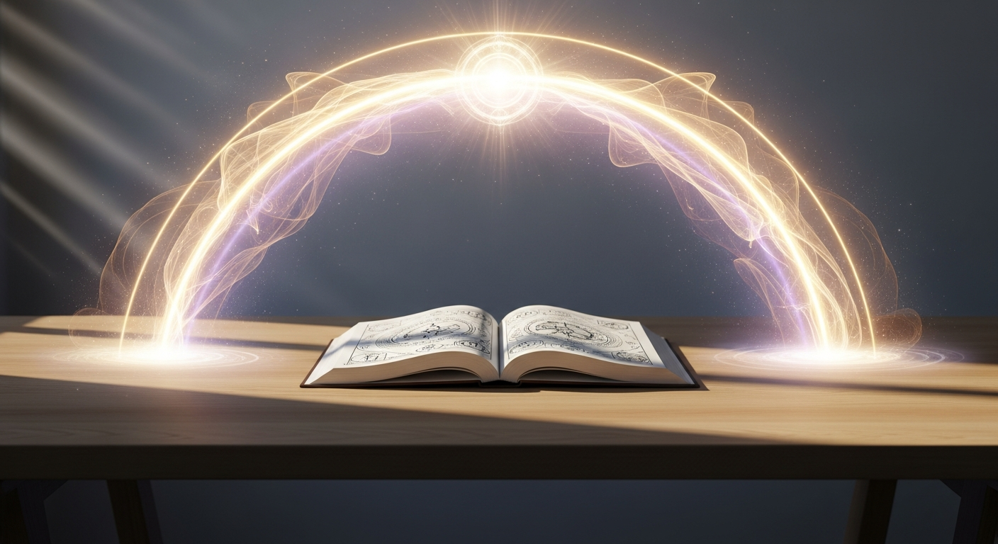 A serene sacred workspace featuring an open book with a glowing light arc above it, bathed in divine, ethereal light