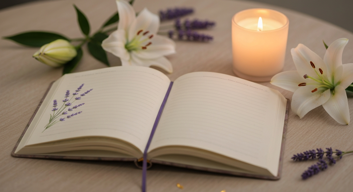 Calming flatlay of journal and candle