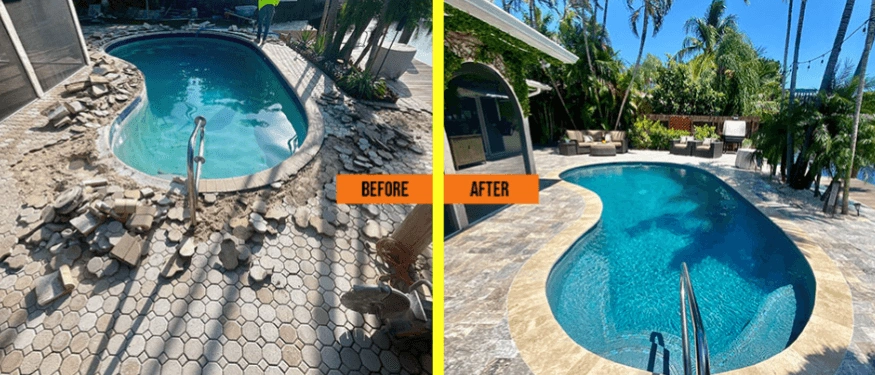 Before-and-after Precision pool remodeling project showing an updated pool interior, coping, and surrounding pool deck