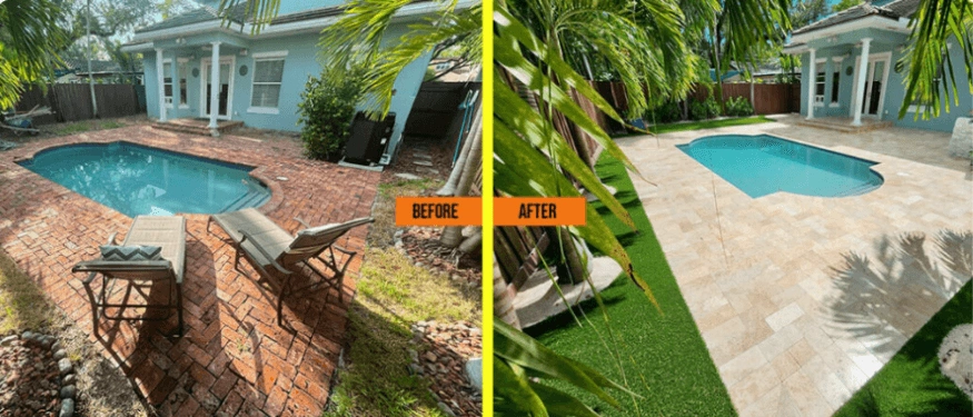 Before-and-after Precision pool remodeling project showing a redesigned pool deck and updated outdoor space