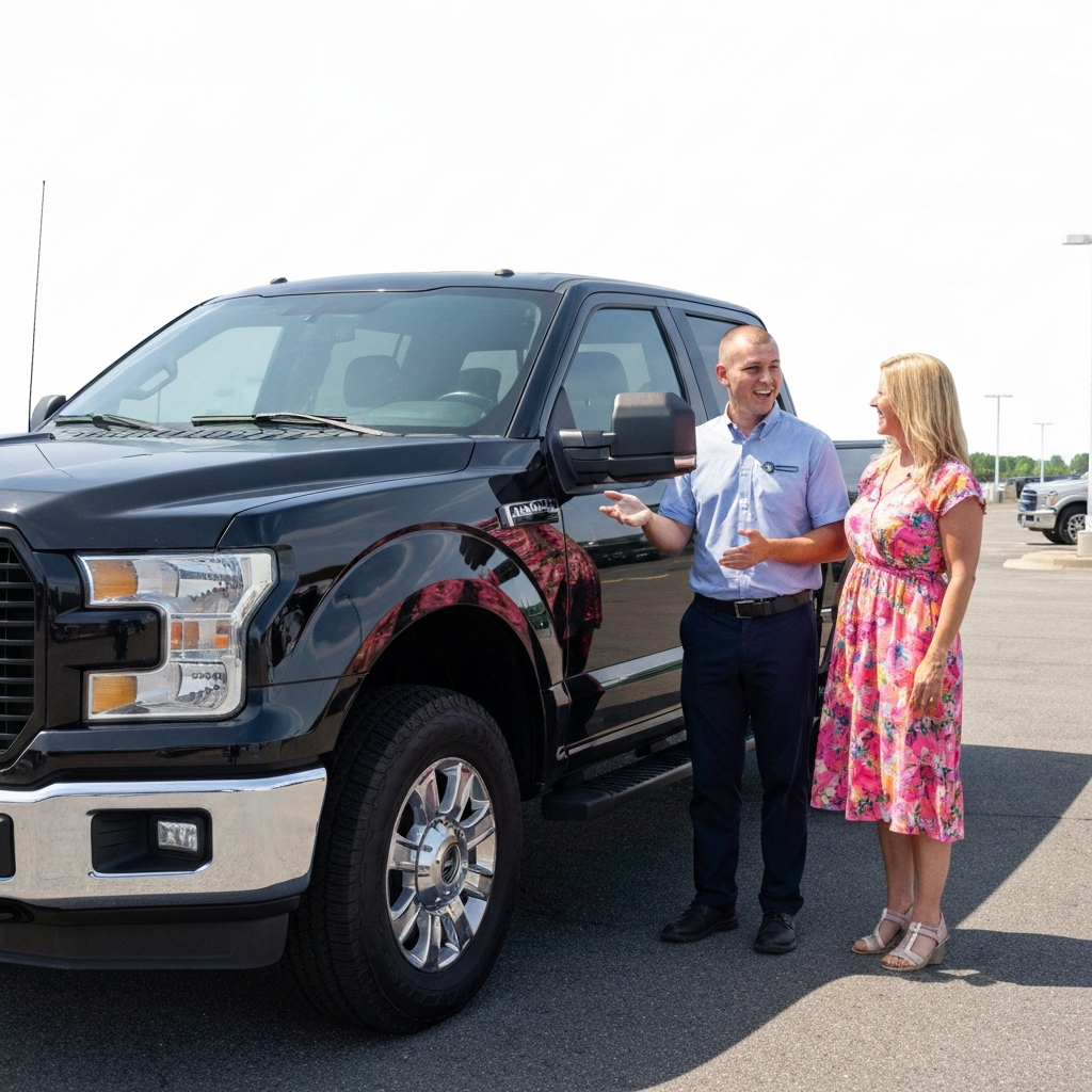Salesperson showing Black F-150 Truck to customer outside on lot