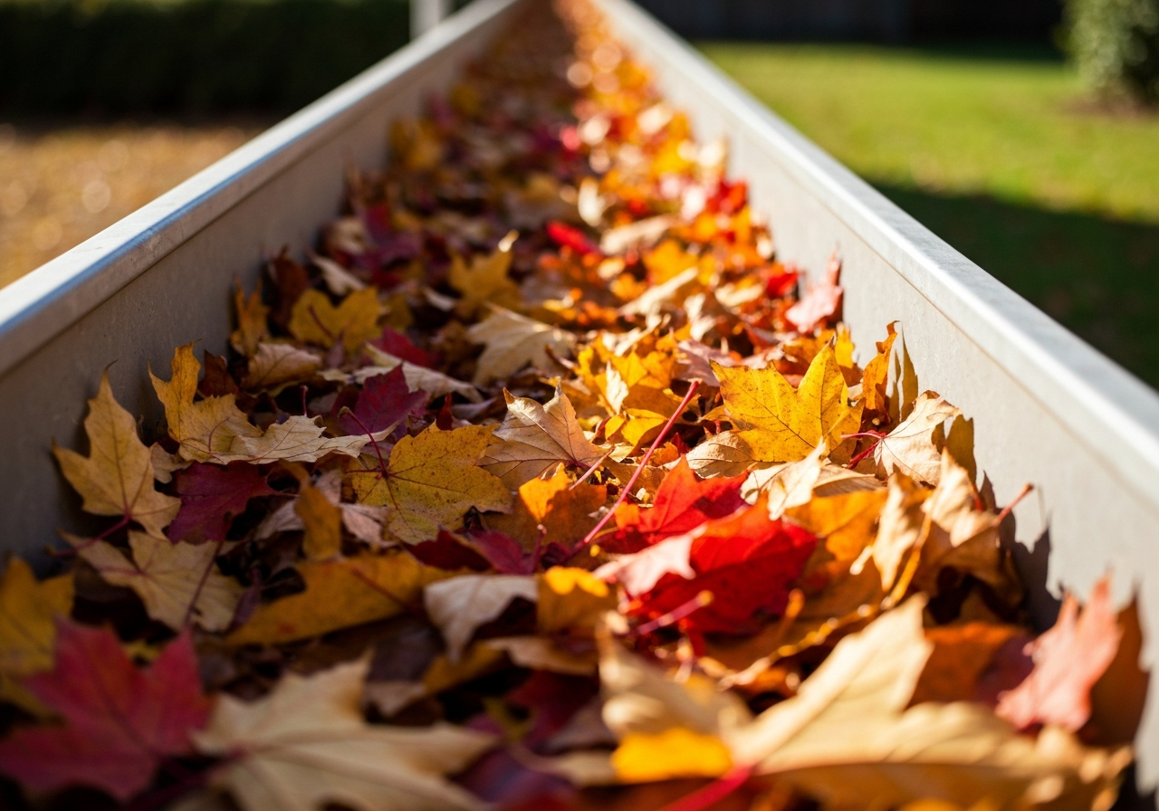 Autumn leaves filling a house gutter