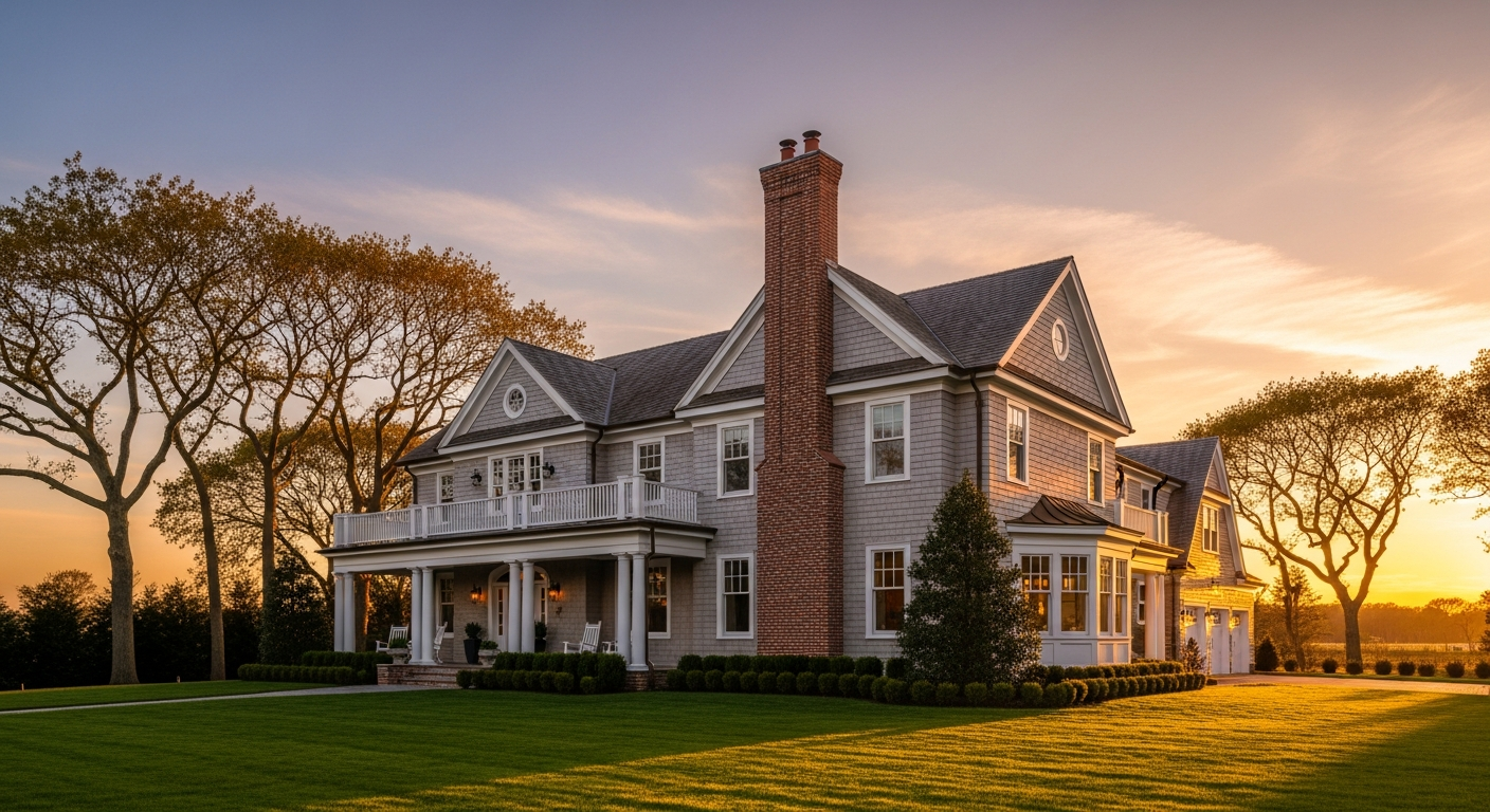 Long Island home with chimney at golden hour