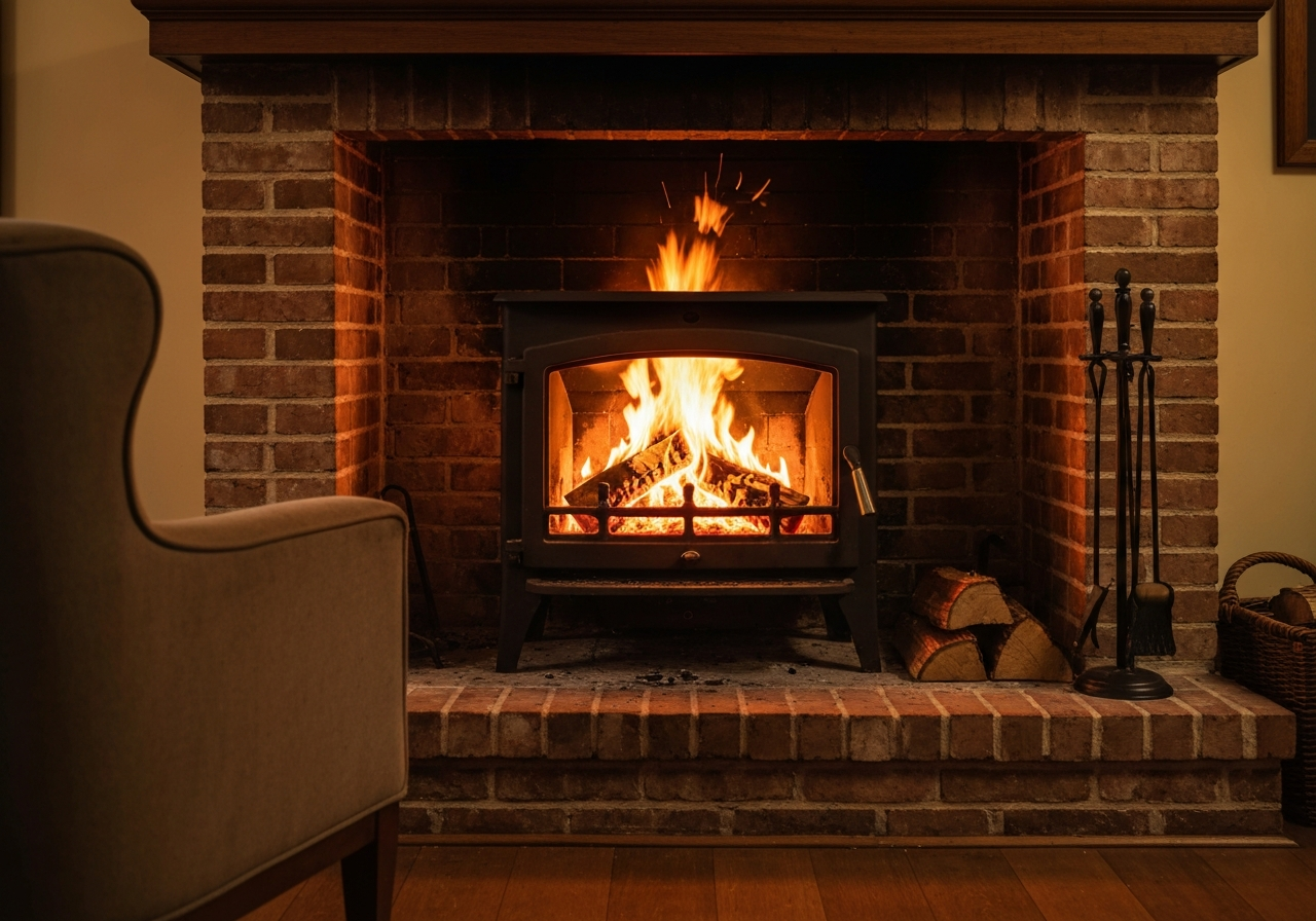 Wood-burning fireplace with active fire