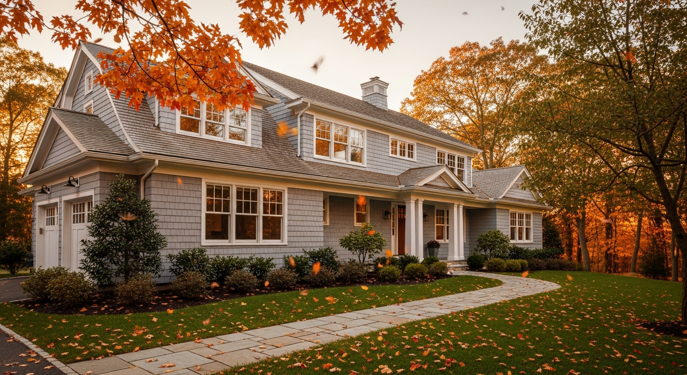 Long Island home exterior with visible gutters