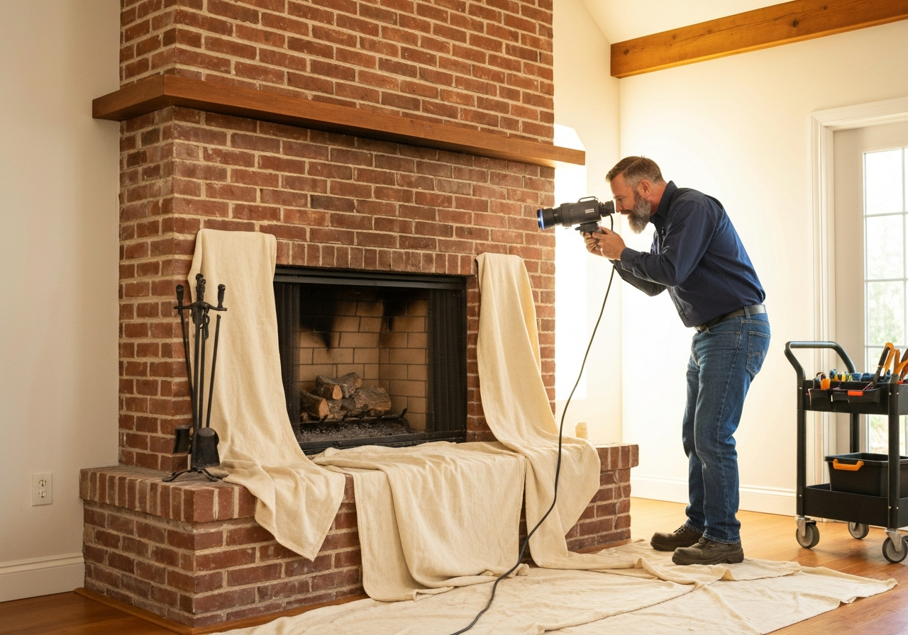 Clean indoor chimney job site with drop cloths