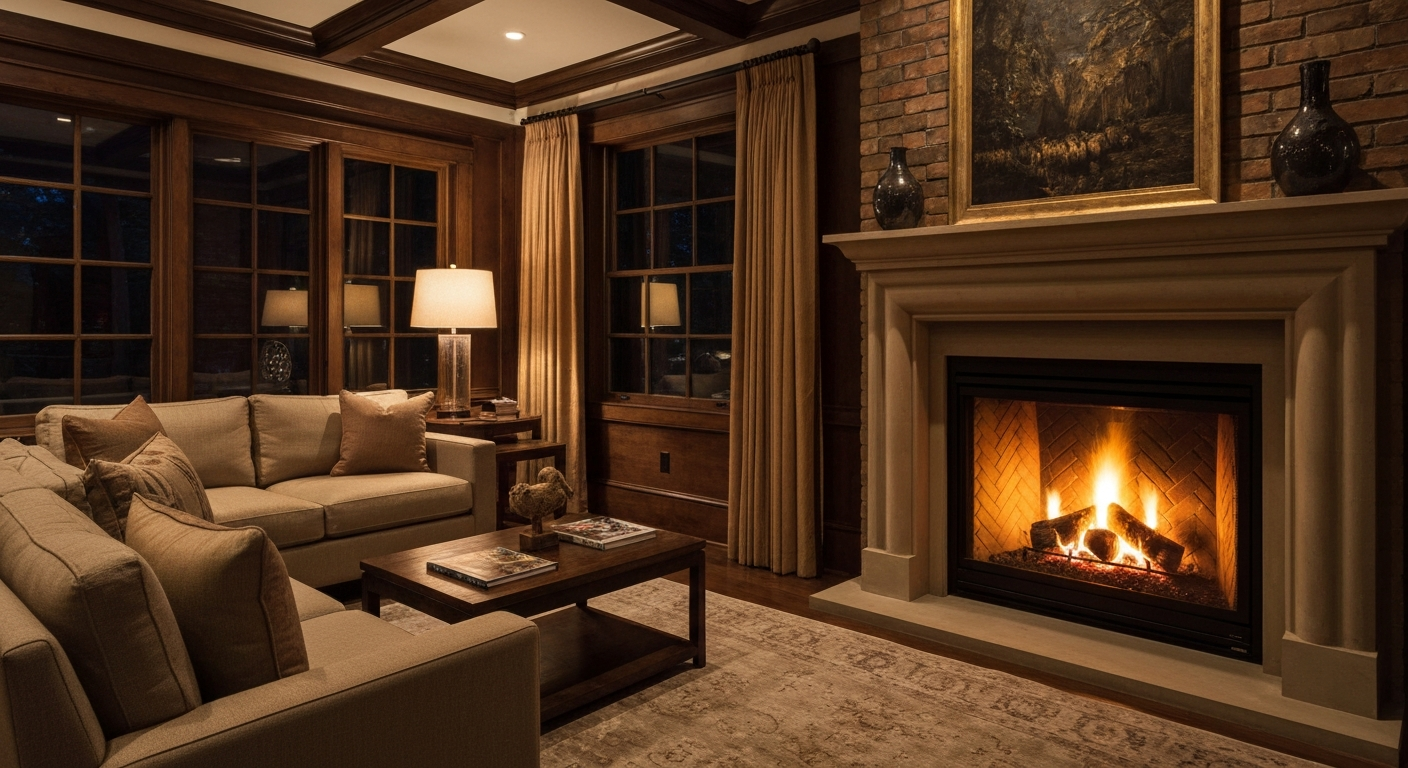 Warm lit fireplace in a Long Island living room