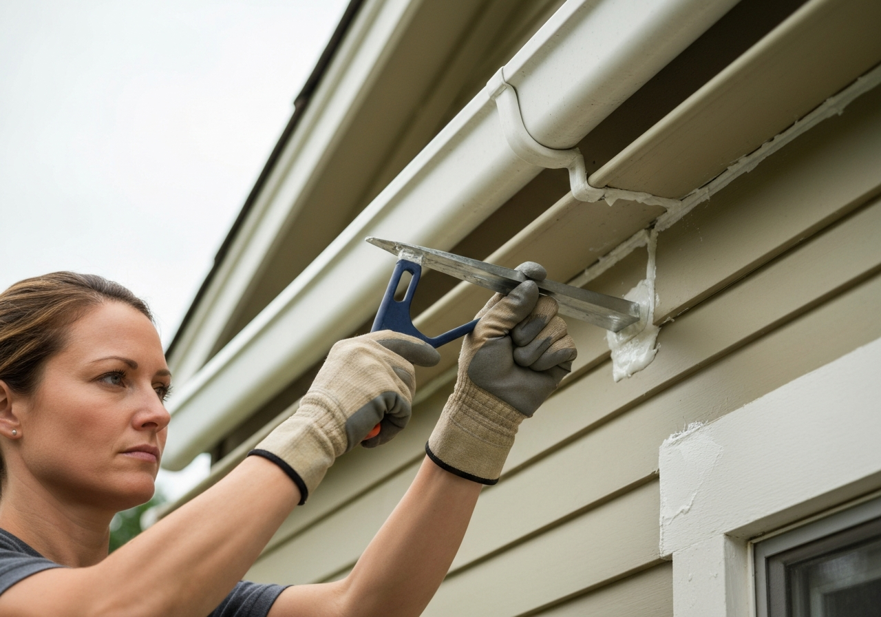 Technician resealing a gutter joint