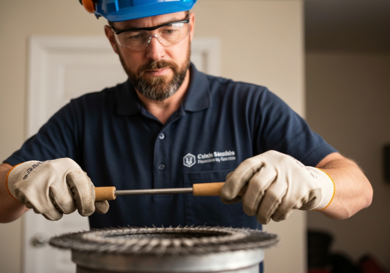 Chimney technician at work showing care and attention to detail