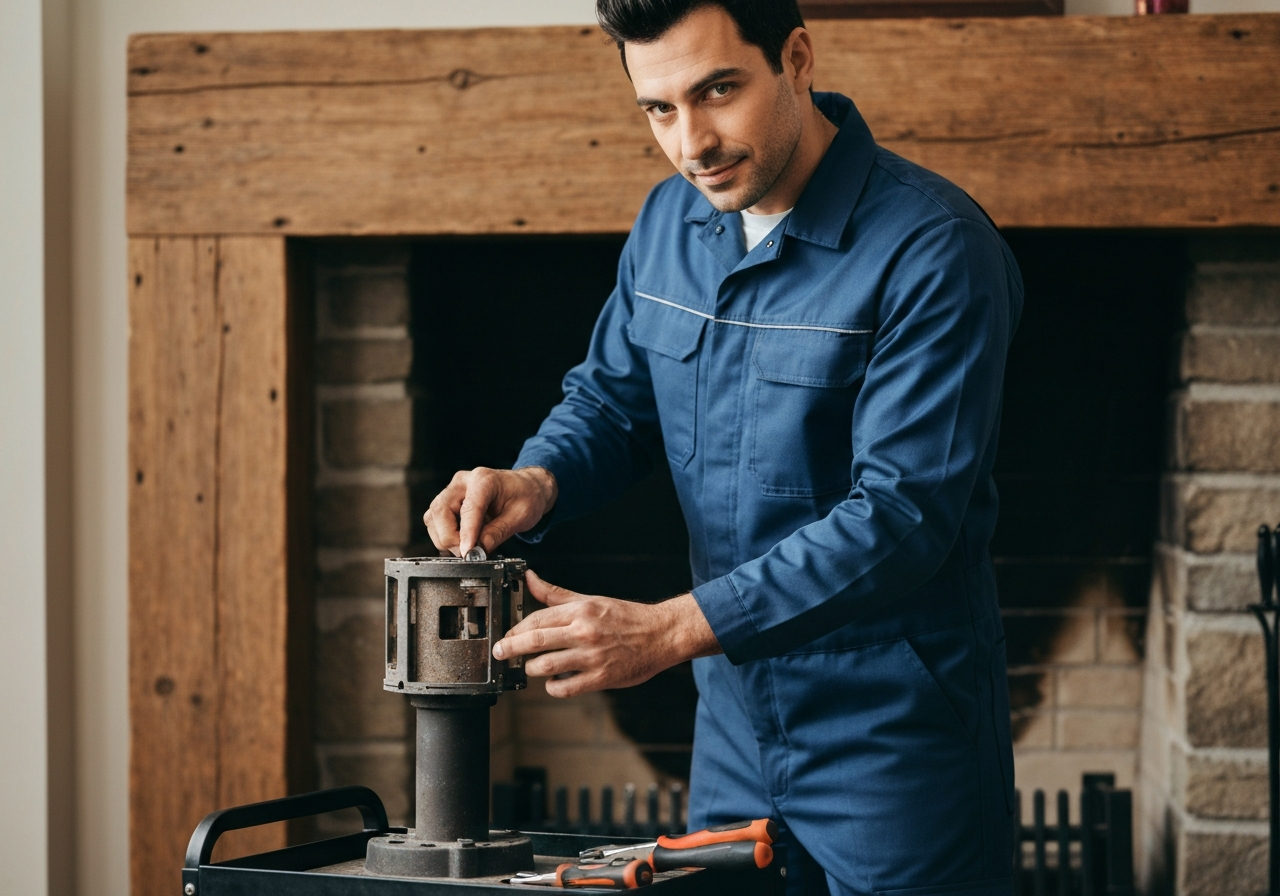 Technician repairing fireplace component