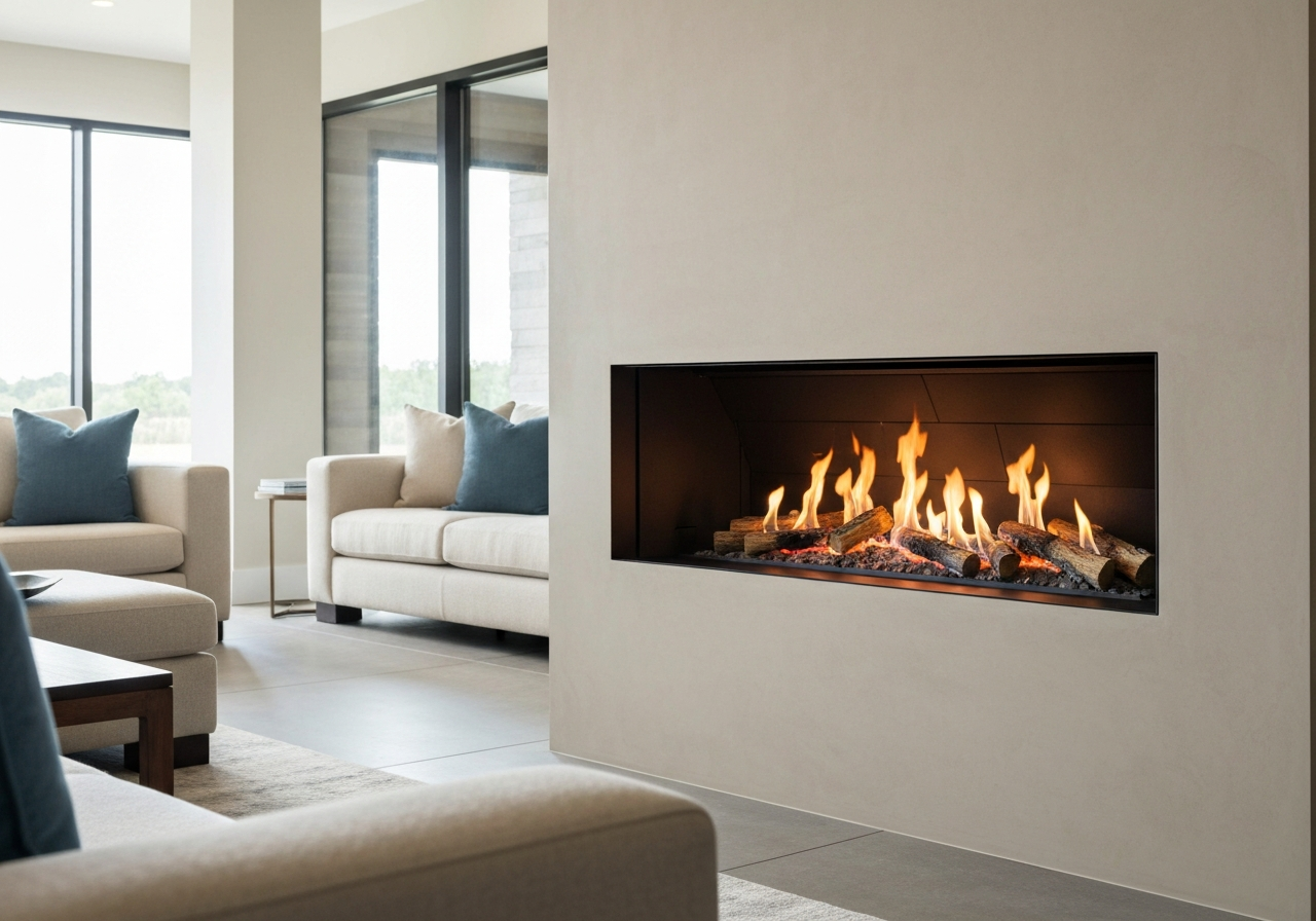 Modern gas fireplace with flames