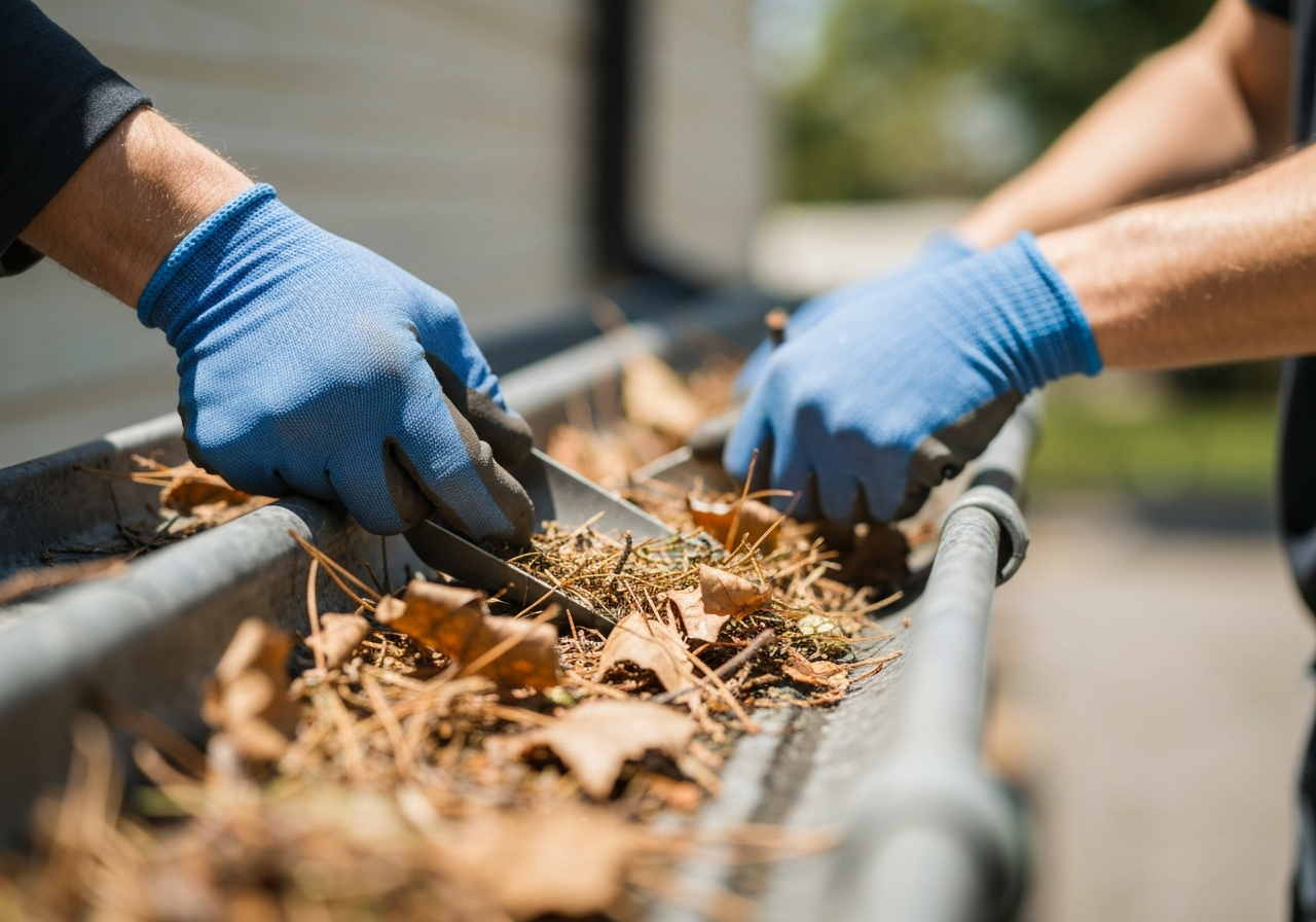 Technician hand-scooping gutters