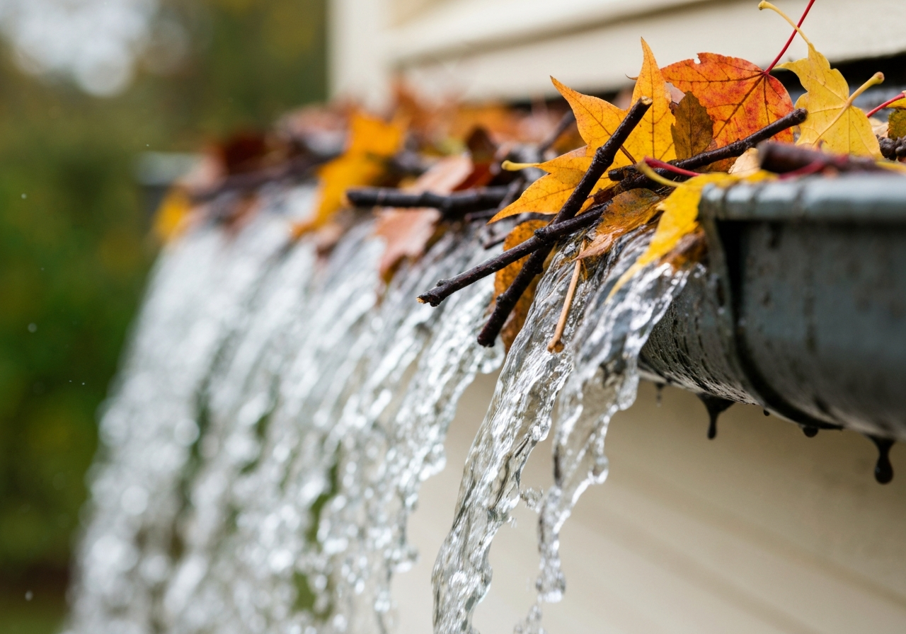 Clogged gutter overflowing with leaves and debris