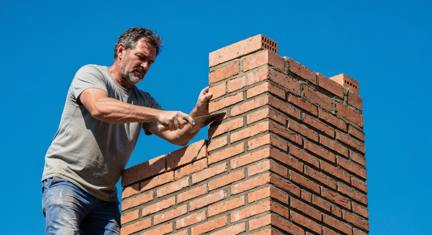 Brick chimney being rebuilt against a blue sky