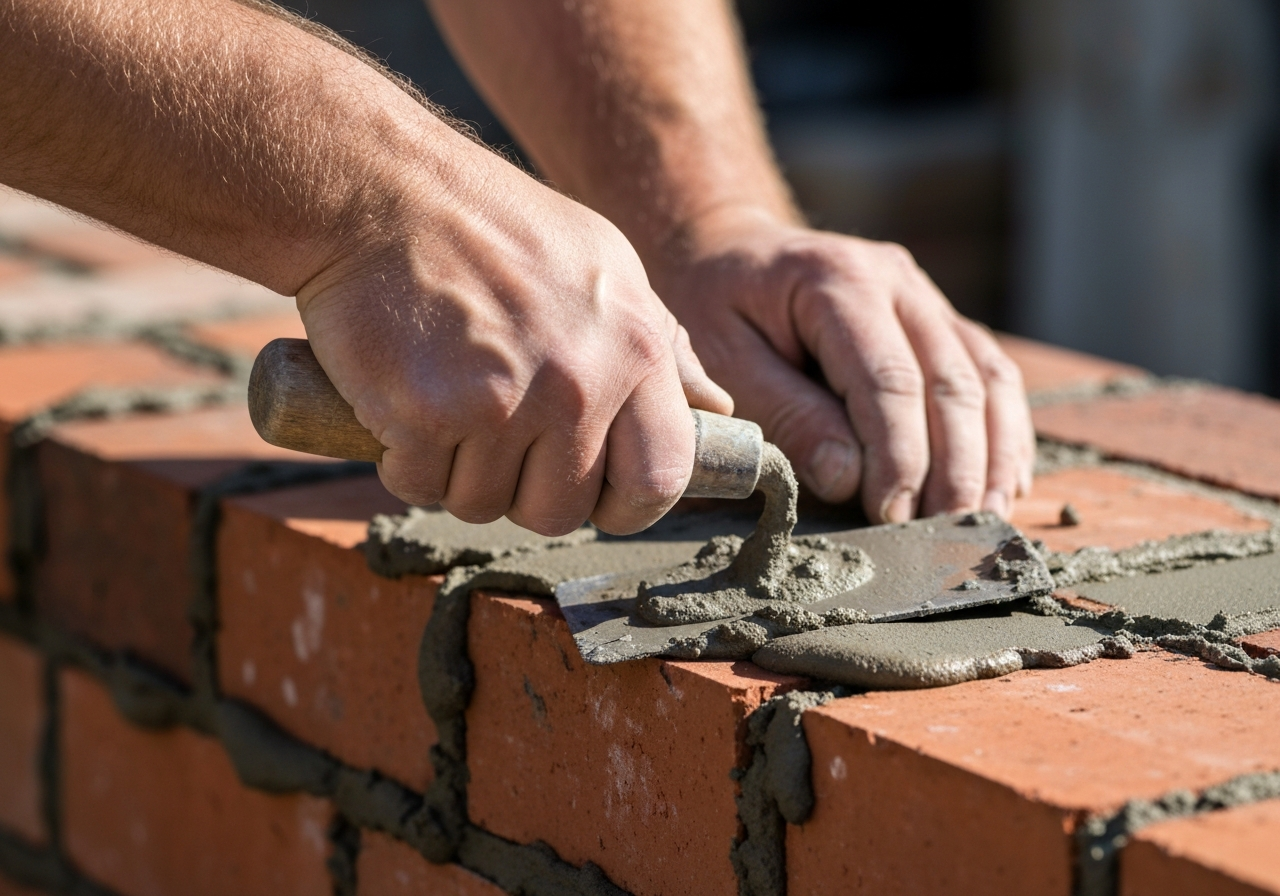 Technician applying fresh mortar to brick joints