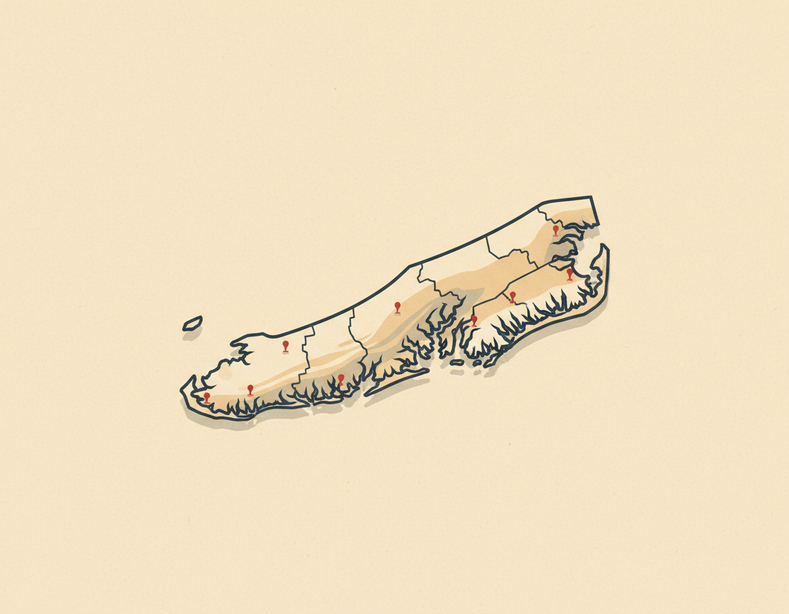 Illustrated map of Long Island showing Island Chimney Service coverage area across Suffolk and Nassau counties