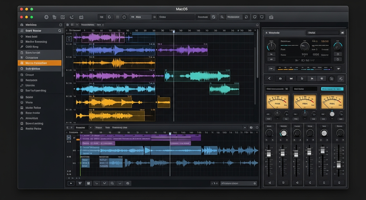 AutoBurner Studio PRO interface: multitrack waveform timeline, metering and mixer