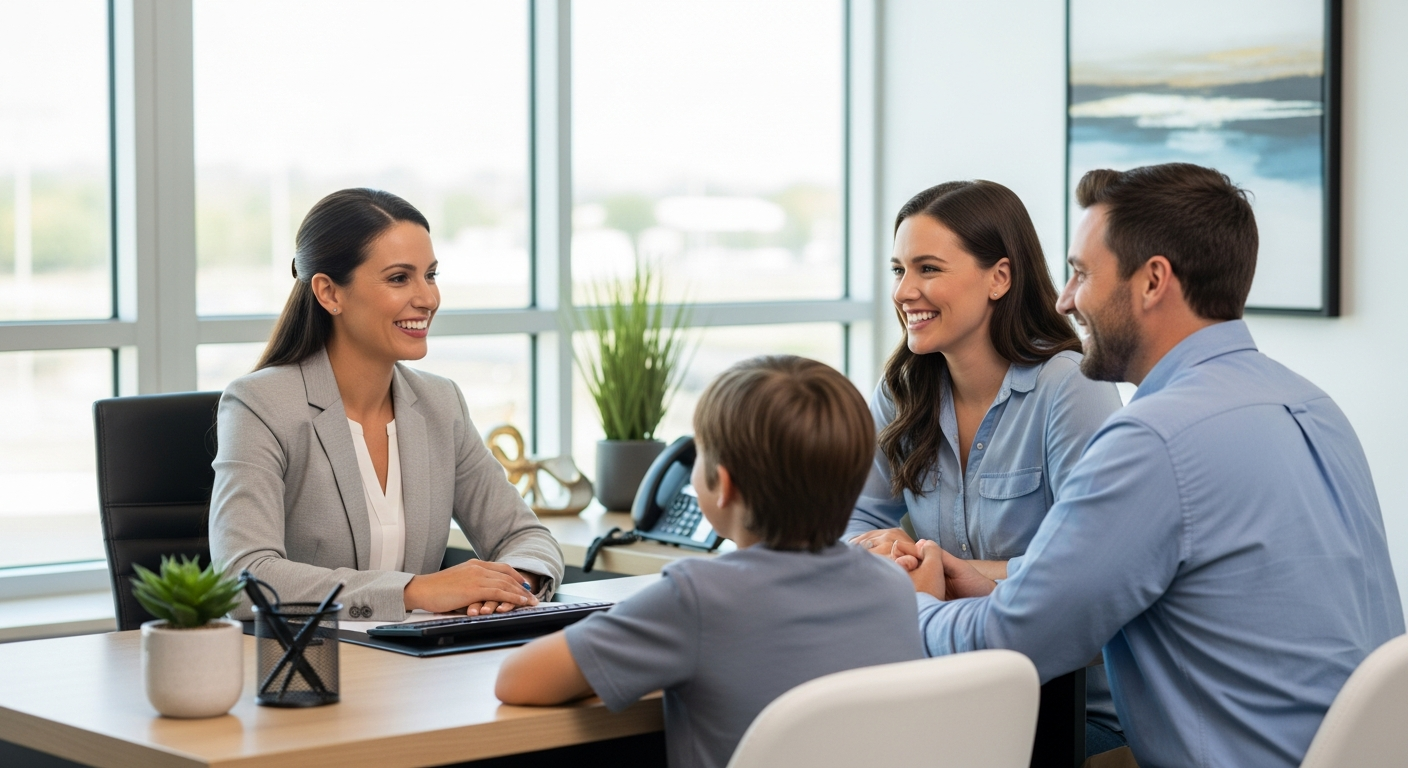 Friendly insurance agent helping a family