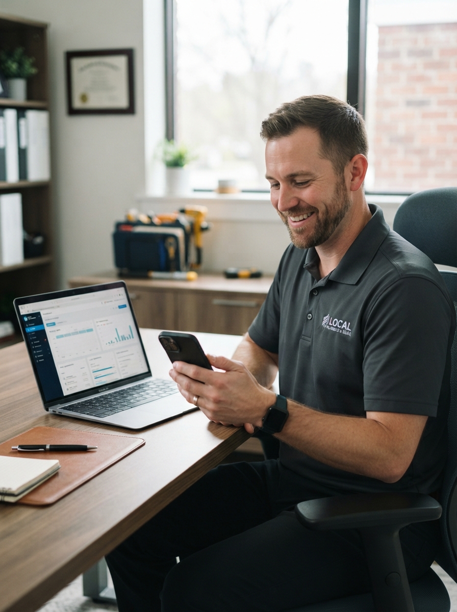 Local service business owner using a smart website system to capture leads and book appointments