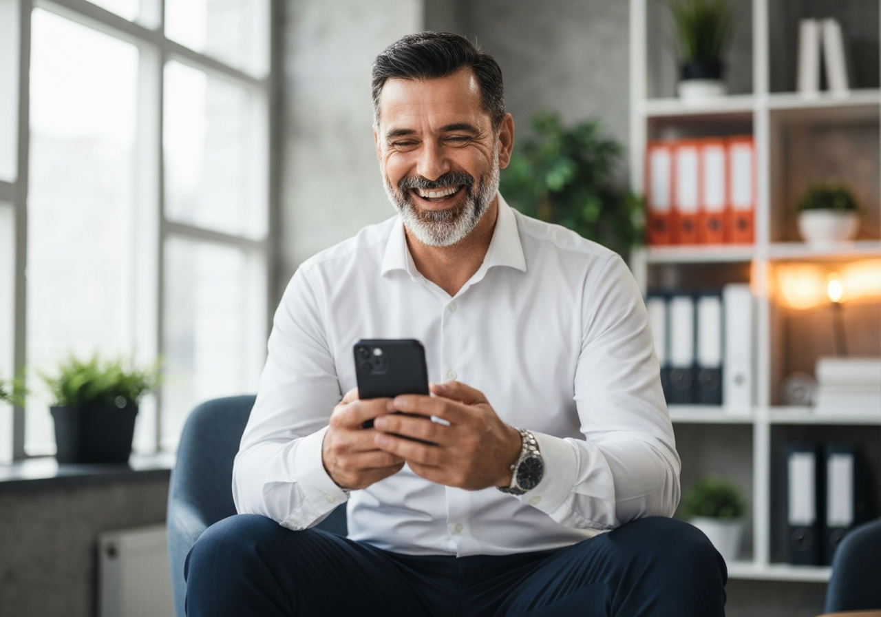Happy business owner with 5 star reviews