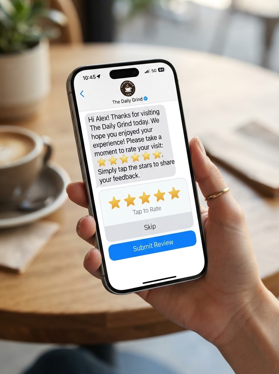 Smartphone displaying an automated 5-star customer review request with logo
