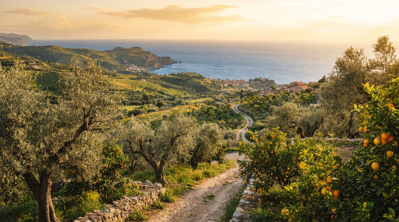 Sicilian olive groves and citrus orchards overlooking the Mediterranean