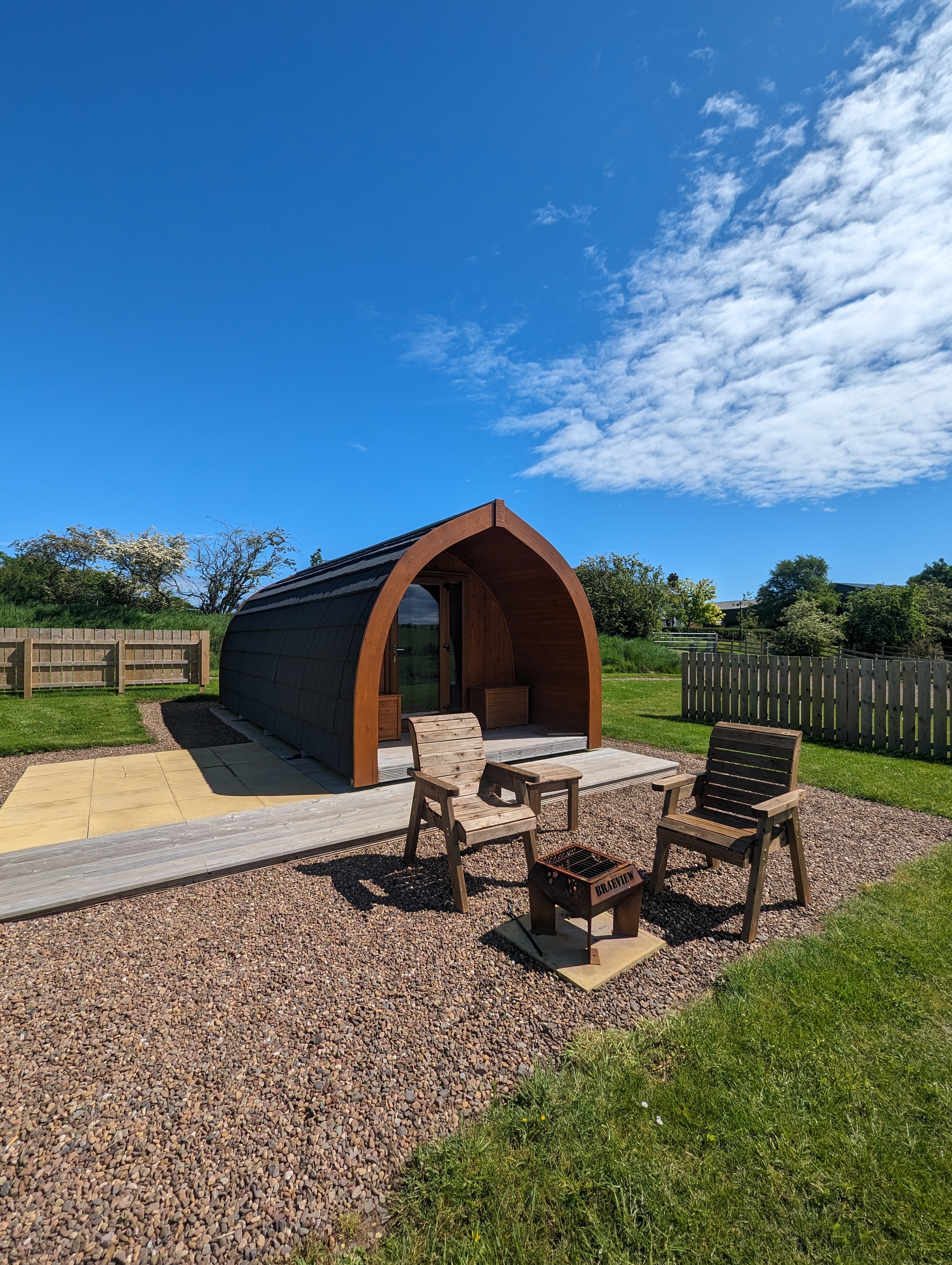 Cedar standard luxury glamping pod exterior at Braeview Escapes, 25 metres from car park